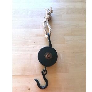 Vintage Black Metal Pulley Hook Rope Farmhouse Industrial Rustic Farm Chic Decor